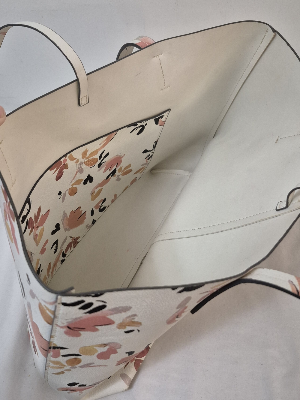 White Floral Print Tote Bag with Pink & Tan Accents